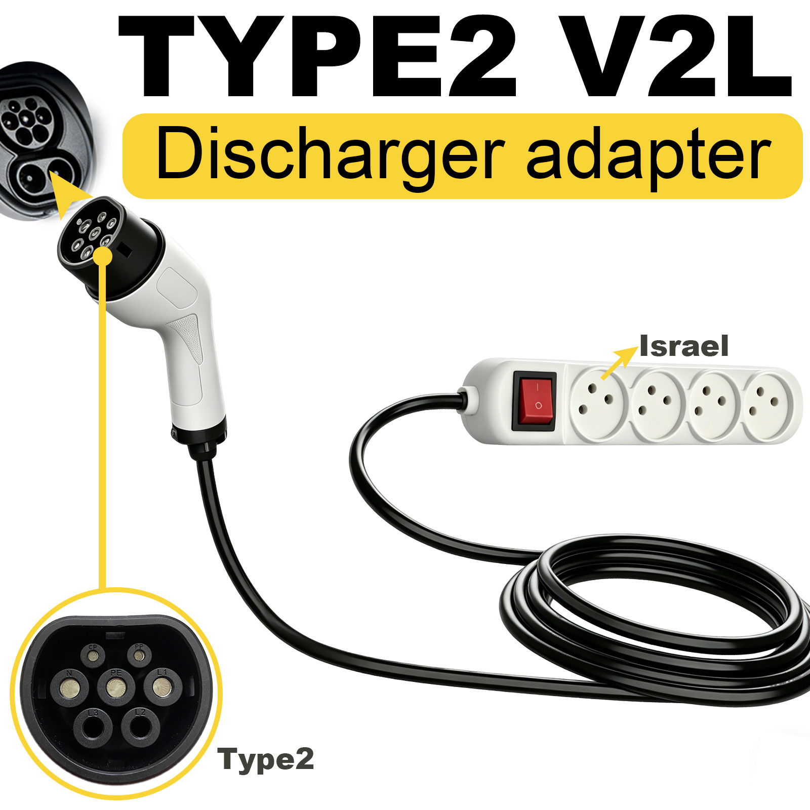 Outdoor Power Outlet Extension - Type2 V2L Discharge Adapter Israel Socket